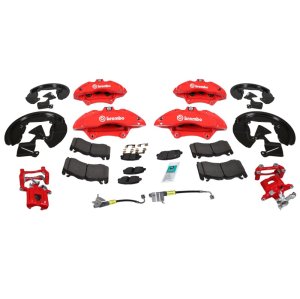 Ford Mustang Brake Kit - Front + Rear - Ford Racing - Brembo 6-Piston Calipers + Bullitt Rotors and Pads - Gloss Red - `15-`20 Ford Mustang Brake Kit - Front + Rear - Ford Racing - Brembo 6-Piston Calipers + Bullitt Rotors and Pads - Gloss Red - `15-`20